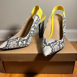 Mix No. 6 crocodile heels with yellow accent strap